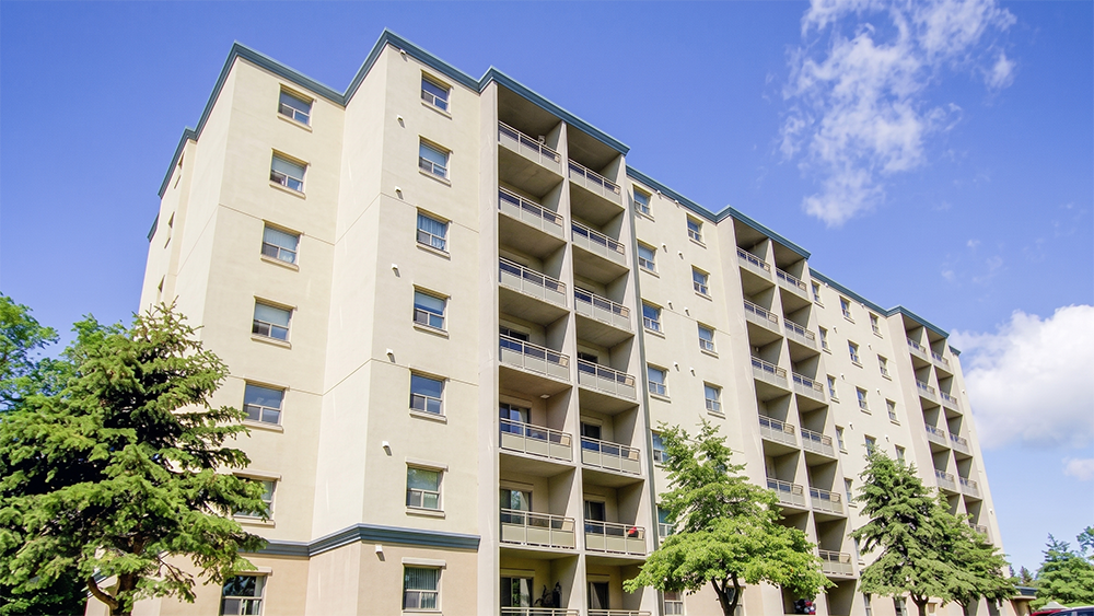 Noble Towers Apartments contemporary apartment building exterior facade and landscaped grounds